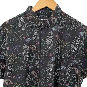 Alien Mushroom Print Short Sleeve Button Up Shirt Men’s Large